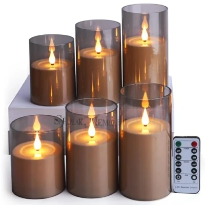 Afbeelding van FREEPOWER Set van 6 led kaarsen, grijs, acrylglas, met afstandsbediening, timer, flikkeren, werkt op batterijen, vlamloze stompkaarsen, elektrisch warm wit licht, diameter 8 x 10/10/12,5/12,5/15/15 cm
