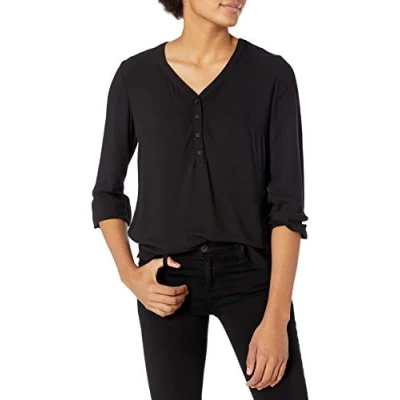 Afbeelding van Amazon Essentials Women&#039;s Popover shirt met driekwartmouwen en knoopsluiting, Zwart, L