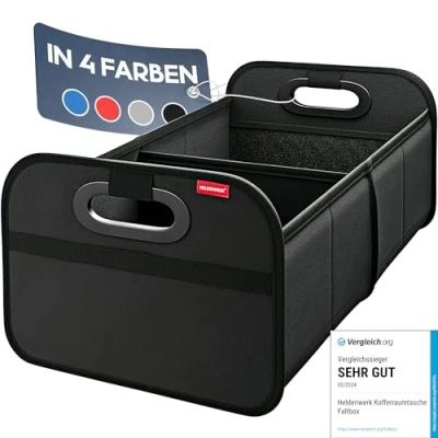 Afbeelding van HELDENWERK Kofferbaktas, opvouwbaar, versterkt en stabiel, kofferbak organizer, boodschappentas voor praktische opslag, antislip auto vouwbox, kofferbakbox (zwart)