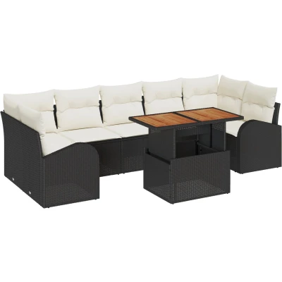 Afbeelding van vidaXL 8 delige Tuin Eettafelset met Kussens Zwart Poly Rattan Acacia