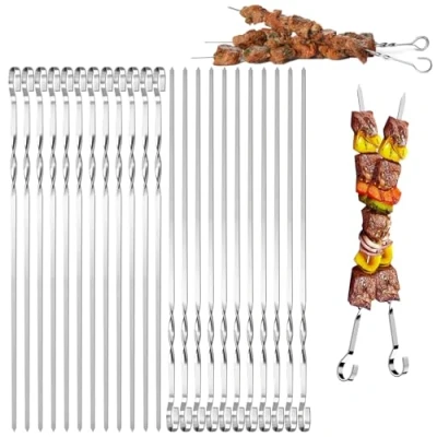 Afbeelding van Mino Plus 24 stuks platte spiesen, 30 cm lang, herbruikbaar, roestvrijstalen spiesen voor barbecue, grillen, vlees, groenten, kabob