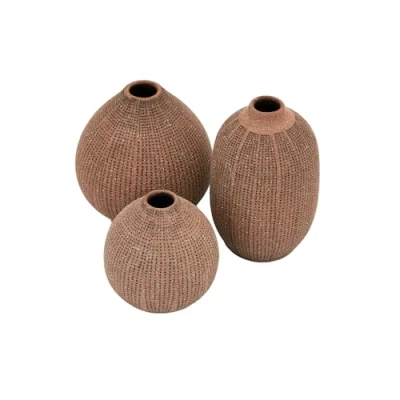 Afbeelding van Creative Co Op Decoratieve getextureerde steengoed, set van 3, bruine vaas