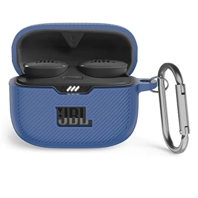 Afbeelding van MOWYEOK siliconen hoes, compatibel met JBL Tune 130NC TWS, draagbare kras en schokbestendige voorzijde LED zichtbaar, voor TWS behuizingsaccessoires, karabijnhaak