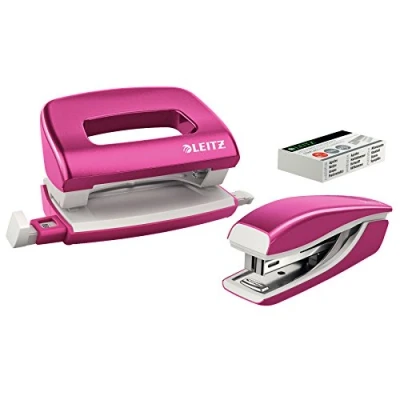 Afbeelding van Leitz WOW Metalen Mini Nietmachine en Perforator Set Inclusief Nietjes Roze Metallic Ideaal Voor Thuiskantoor/Thuiswerkplek