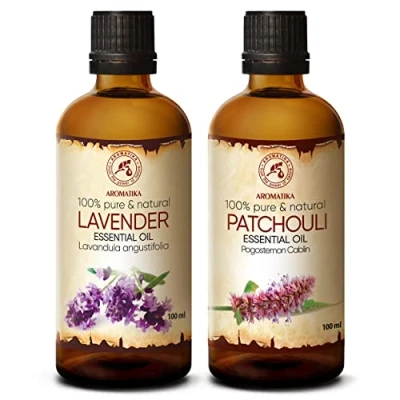 Afbeelding van Set etherische oliën, 2x 100ml, aromatherapie met patchouli olie en lavendelolie, oliën voor aromadiffuers zeep, lavendelolie huidverzorging