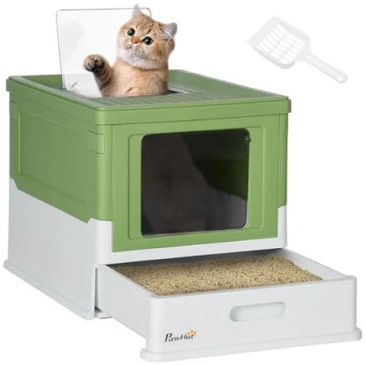 Afbeelding van PawHut Kattentoilet, kattenbak met deksel, kattenhuis bodemschaal en schep, deodoratiebox, kunststof, wit + groen, 47,5 x 35,5 36,7 cm