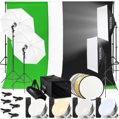 Afbeelding van Pixetool Green screen 3 x 3M met Achtergrondsysteem 2,6 Fotostudio Set Greenscreen Inclusief Wit en Zwart achtergronddoek, Softbox, Paraplu’s, Lamphouders, LED lampen, Reflectiescherm &amp; Draagtas