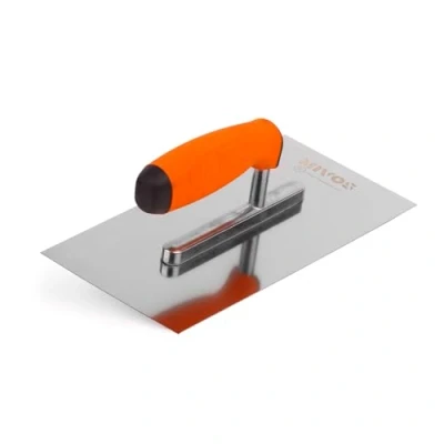 Afbeelding van Mivos Roestvrijstalen troffel 270 x 130 mm roestvrije dakrand met 2 componenten zachte grip poetspaan bladdikte 0,7 gladplank gladmakschijf Made in EU