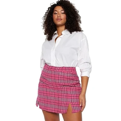 Afbeelding van Trendyol Fuchsia Geruite Tweed Mini Geweven Plus Size Rok Tbbaw23Az00025