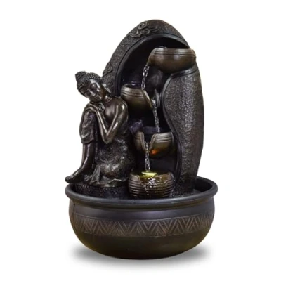 Afbeelding van Binnenfontein, waterval, glas, boeddhabeeld, afneembaar, kleurrijk, led licht, grote tafeldecoratie, kantoor, woonkamer, geluksfontein met gesloten circuit, H 40 cm Krishna Zen&#039;Light