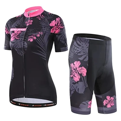 Afbeelding van Vrouwen Fietsen Ademend Sneldrogend Jersey Set Cyclus Korte Mouw Jas + 3D Kussen Gevoerd Strak Shorts Broek, L, Azalea