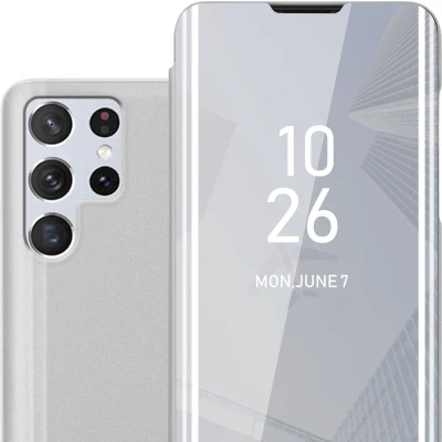 Afbeelding van Cadorabo Hoesje geschikt voor Samsung Galaxy S22 ULTRA in AGAAT ZILVER Clear View Spiegel Beschermende Case met Tribunefunctie 360 Graden Bescherming Book Cover Etui