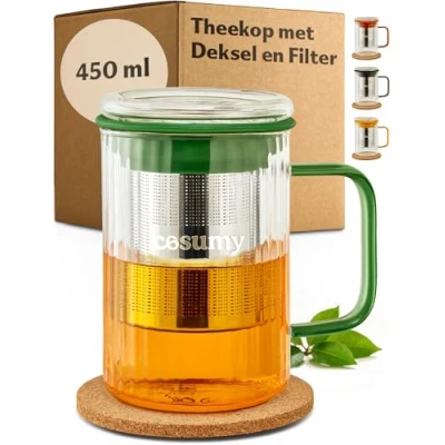 Afbeelding van Cosumy Theekop met Deksel en Filter 450ml Theeglas in Borosilicaat Kleurige Handgrepen RVS Zeef Antislip Kurken Onderzetter