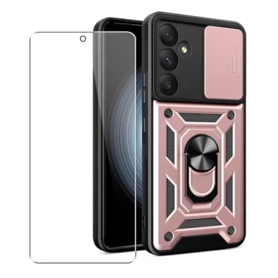 Afbeelding van SDTEK Hoesje voor Samsung Galaxy A55 telefoonhoesje met cameralensbescherming, standaard, magnetische ringhouder en glazen schermbeschermer (roze)