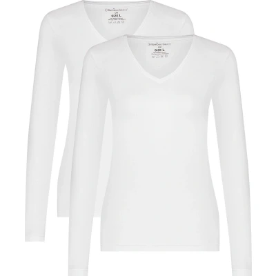 Afbeelding van Comfortabel &amp; Zijdezacht Bamboo Basics Liv Bamboe T Shirts V Hals (Multipack 2 stuks) Dames Lange Mouwen Wit M