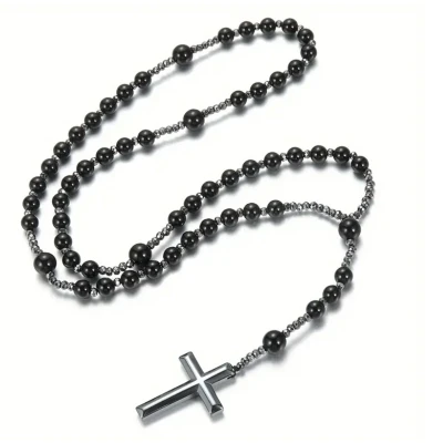 Afbeelding van Rozenkrans ketting zwart Onyx kruis Katholiek Charme Bijoux