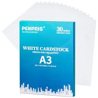 Afbeelding van 300gsm wit karton 30 vellen A3 kartonnen papieren omslag kaart voorraad zwaargewicht papier dik voor doe het zelf kaarten maken, uitnodigingen, ansichtkaarten, visitekaartjes PAC01WH030