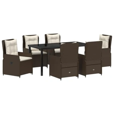 Afbeelding van vidaXL 7 Persoons Tuin Eettafel Set Bruine Poly Rattan, Tafel Zwart 160x80x73 cm Gehard Glas