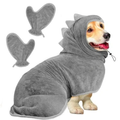 Afbeelding van Bibykivn Badjas voor honden, hondenbadjas van microvezel, verstelbare halsband met klittenbandsluiting, sneldrogende badhanddoek grote, middelgrote kleine honden/kat (grijs, S)