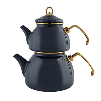 Afbeelding van Karaca Retro Emaille Theepottenset, Antrasit, Geschikt Voor Inductie, Theekoker, Waterkoker, Thee İnfusie 1,1 L, Waterkan 2,3 Turkse Theeketel, Theemaker, Caydanlik