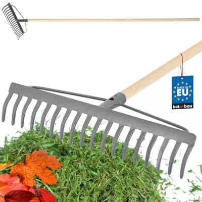 Afbeelding van KOTARBAU® hark van metaal met 18 tanden houten steel, tuinhark versterkte kop, voor bladeren en gras, steenhark, bladbreken, gazonhark, tuingereedschap,