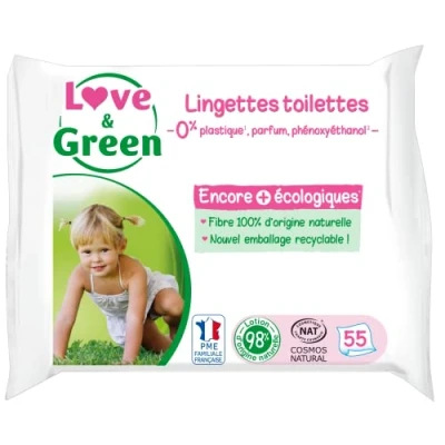 Afbeelding van Love &amp; Green Gezonde en milieuvriendelijke toiletdoekjes pak van 55 doekjes Cosmo Natural gecertificeerd door ECOCERT FSC Recyclebare verpakking