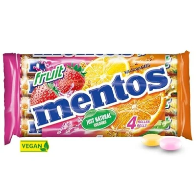 Afbeelding van Mentos Fruit Dragees, 4 rollen fruitbonbons sinaasappel, citroen en aardbeien, kauwsnoepjes met fruitige smaak, snoep (4 à 38 g)
