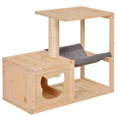 Afbeelding van PawHut Kattenhuis kattenbox kattenboom met hangmat sisal paal vurenhout naturel D30 263
