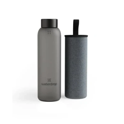 Afbeelding van waterdrop® Glas Drinkfles 600 ml Met neopreen deksel Black Frosted