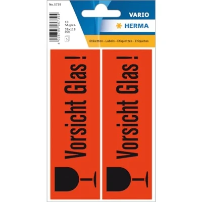 Afbeelding van HERMA 5739 Waarschuwingslabels met opdruk „Pas op glas! (118 x 39 mm, 5 velles, papier, mat) zelfklevend, permanente klevende informatielabels, 10 etiketten, fel rood