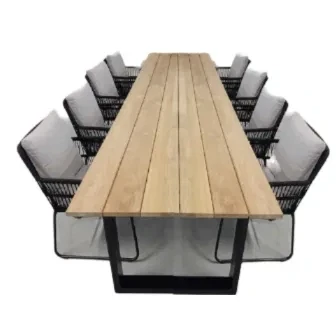 Afbeelding van Tuinset Kaihou tafel black, teak 350x100 cm met 4 stoelen Ran stoel kussen flax beige Yoi