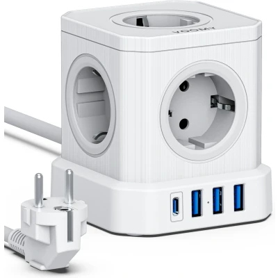 Afbeelding van Voomy Cube 20W Stekkerdoos Met USB C Schakelaar 5 Stopcontacten 4 Poorten Powercube Snellader 2M Verlengsnoer Wit