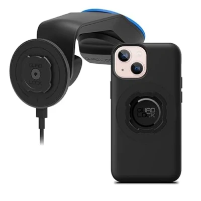 Afbeelding van Quad Lock Voorruit/Dashboard Telefoonhouder voor Auto met MAG Draadloze Oplaadkop V2 en Telefoonhoesje iPhone 13 Mini