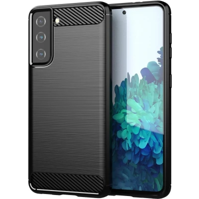 Afbeelding van Cadorabo Hoesje geschikt voor Samsung Galaxy S21 FE in Brushed Zwart Beschermhoes van flexibel TPU siliconen roestvrij staal carbonvezel look Case Cover