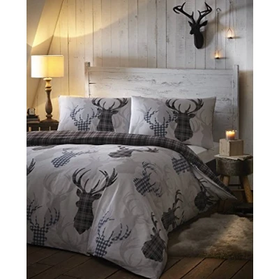 Afbeelding van Portfolio Tartan Check Hert Super King Size Dekbedovertrek &amp; 2 Kussensloop Grijs Beddengoed Set door Homespace Direct