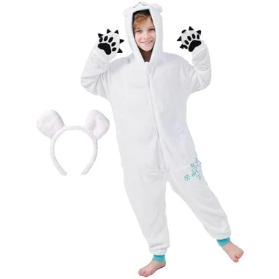 Afbeelding van corimori Wollig ijsberenkostuum voor kinderen met haarband carnavalskostuum onesie meisjes en jongens lichaamslengte 130 150 cm