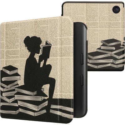 Afbeelding van kwmobile E reader hoesje geschikt voor Kobo Libra Colour hoes flip case met magnetische sluiting Ereader cover Meisje boeken design in zwart / beige