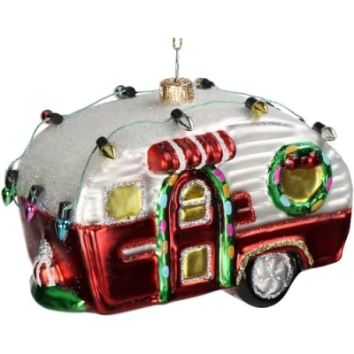 Afbeelding van Kerstboomversiering van glas, 11,2 cm, caravanfiguur om op te hangen, handbeschilderd en met glitter, kerstboomhanger voor Kerstmis, kerstboomhangers kerstboomversiering, caravan rood wit
