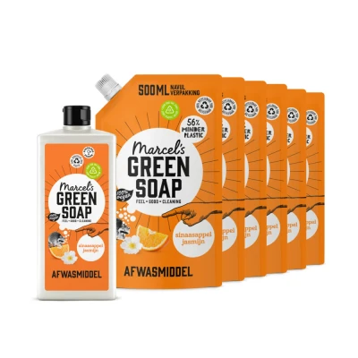 Afbeelding van Marcel&#039;s Green Soap Afwasmiddel Sinaasappel&amp;Jasmijn + 6 Navullingen Pakket