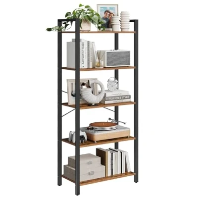 Afbeelding van VASAGLE LLS061B01 Rek met 5 niveaus, boekenkast, stalen frame, voor woonkamer, kantoor, entree, industriële stijl, rustiek bruin en zwart