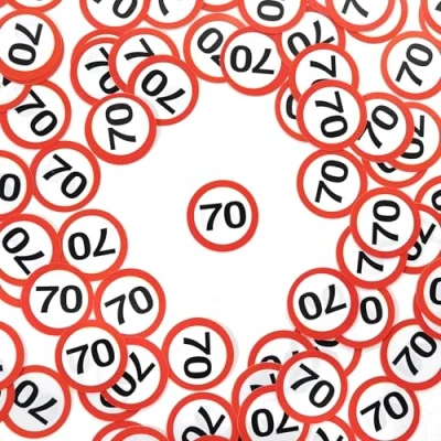 Afbeelding van 70e verjaardag decoratie confetti verkeersborden rood/wit originele verjaardagsdecoratie 70 voor een geslaagde man of vrouw Tiwoca