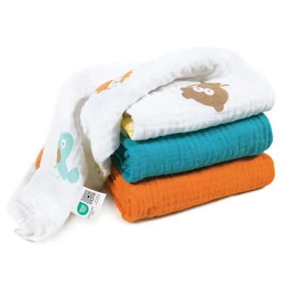 Afbeelding van MAKIAN Mullluiers verpakking van 3 stuks, 80 x cm, Oeko Tex® standaard 100 getest, spuugdoeken in premium kwaliteit dubbel geweven stoffen luiers/gaasdoeken turquoise/oranje/boerderijdieren
