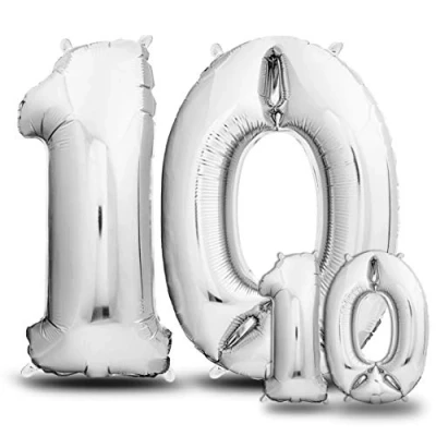 Afbeelding van envami luchtballonnen 10. Verjaardag XXL zilver reuze folieballon in 2 maten 40&quot; &amp; 16&quot; 101 cm + 40 verjaardagsdecoratieset Vier nummers Ideaal als decoratie vliegt met helium