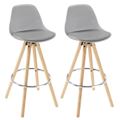 Afbeelding van WOLTU Grijs Barkrukken Barstoelen Set van 2 Stal Houten Poten Kunstleer met Rugleuning En Voetensteun,BH45gr