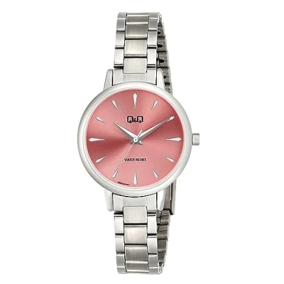 Afbeelding van Q&amp;Q model q56a 001 Dameshorloge zilverkleurig roze wijzerplaat 3 atm waterdicht diameter 31 mm
