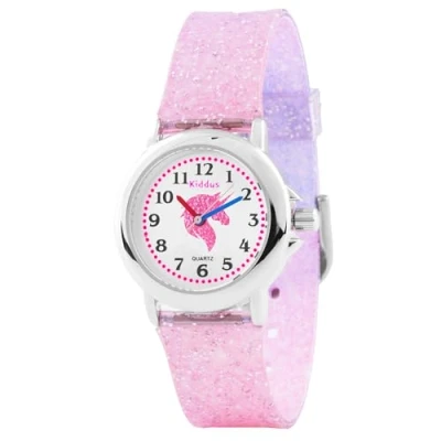 Afbeelding van Kiddus horloge meisje met Glitter. Polshorloge voor kinderen Oefeningen om de Tijd te Leren. Kinder meisje. Eenhoorn, roze en lila band kleurverloop.