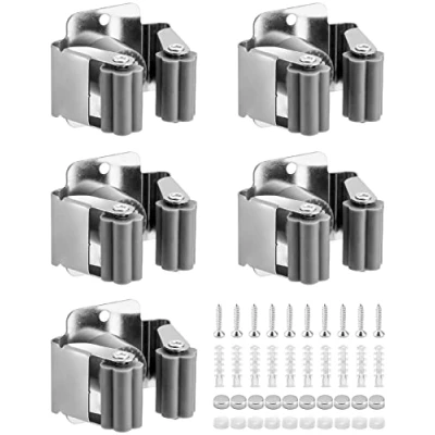 Afbeelding van QWORK® 5 delige bezemhouder, roestvrijstalen gereedschapshouder, tuingereedschaphanger, voor badkamer, keuken, kantoor, kast, tuin, garage