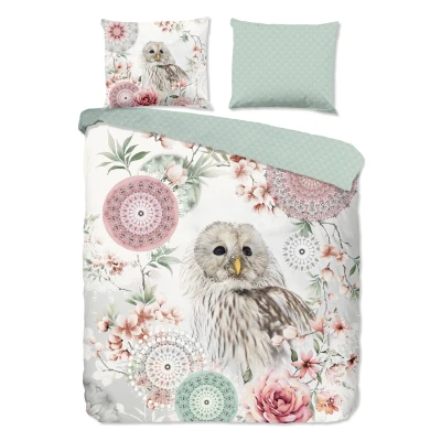 Afbeelding van Flanellen Dekbedovertrek 200x200 cm Uil en Bloemen Print Wit/Roze/Groen 2 Persoons 100% Katoen Flanel