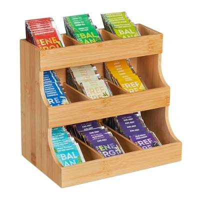 Afbeelding van Relaxdays thee organizer, 9 vakken, bamboe, HBD: 24x27x17,5 cm, &amp; koffiepads, theedoos verticaal, aanrecht, natuur