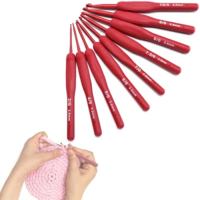 Afbeelding van 9 delige ergonomische haaknaaldenset Trui Naaigaren Rood handvat Ambachtelijke accessoires Breigereedschap Perfect voor het afwerken van haakprojecten Brei en haakbenodigdheden beginners
